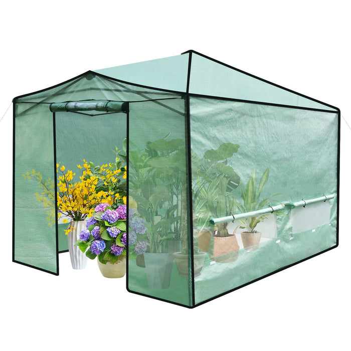 Pop-up Greenhouse 364x243 cm - Folding Walk-in Design with Zippered Doors in Green - Ideal for Garden Plant Protection and Growth