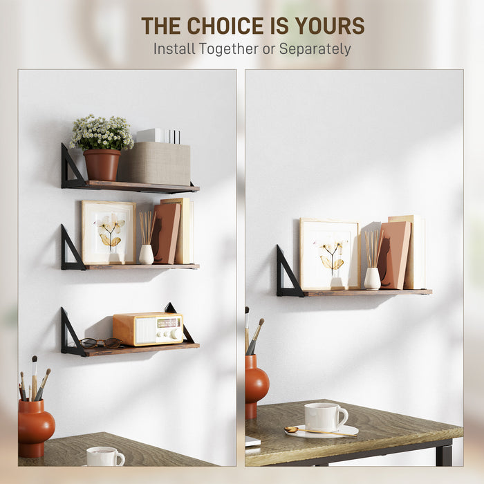HOMCOM Set of 3 Wall Mounted Floating Shelves, Vintage Wall Shelves for Living Room, Entryway, Bedroom, Rustic Brown
