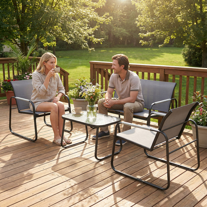 Outsunny 4 Piece Garden Furniture Set, Garden Sofa Set with Loveseat, 2 Armchairs, Tempered Glass Table for Balcony, Grey