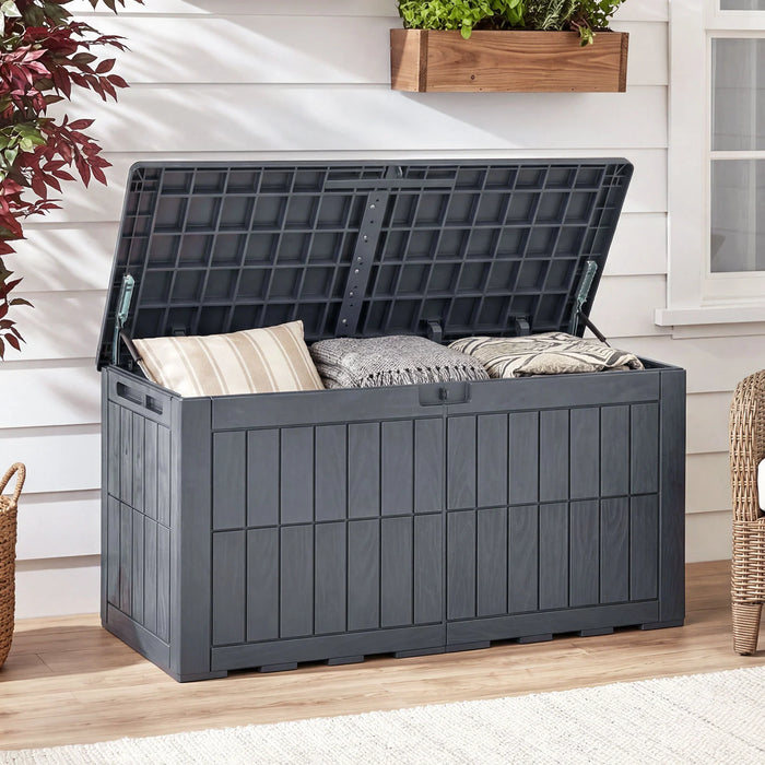 380 L Outdoor Deck Box All-Weather Lockable Storage Bin with Lid and Handles-Grey