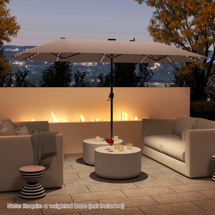 380cm Patio Double-Sided Market Umbrella with LED Solar Lights-Coffee