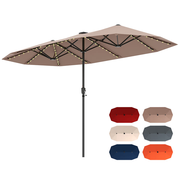 380cm Patio Double-Sided Market Umbrella with LED Solar Lights-Coffee