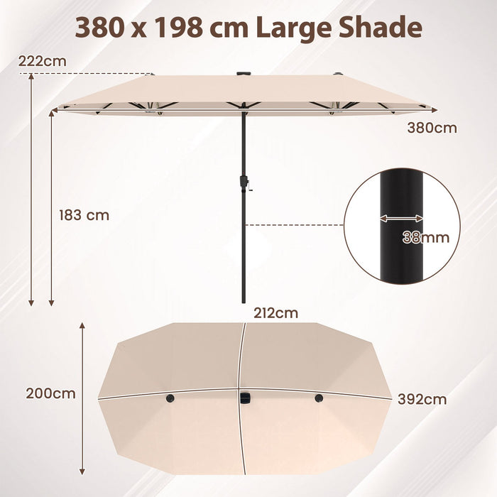380cm Patio Double-Sided Market Umbrella with LED Solar Lights-Beige