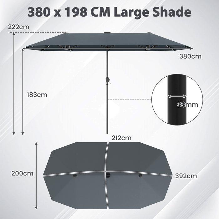 380cm Patio Double-Sided Market Umbrella with LED Solar Lights-Beige