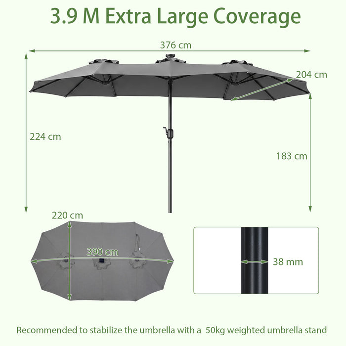 390cm Double-Sided Patio Umbrella Large Rectangle Market Umbrella with 36 LED Lights-Beige