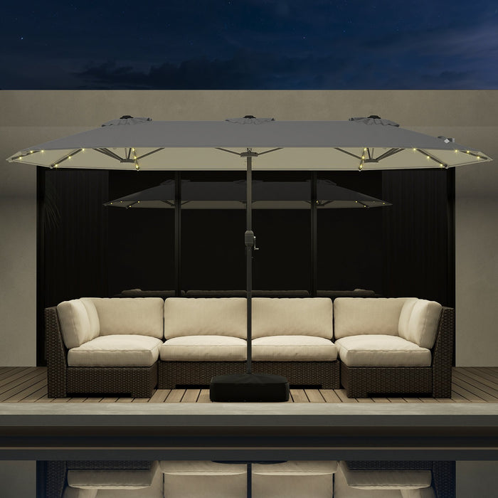 393 cm Double-Sided Patio Umbrella with Base and Solar Lights-Grey