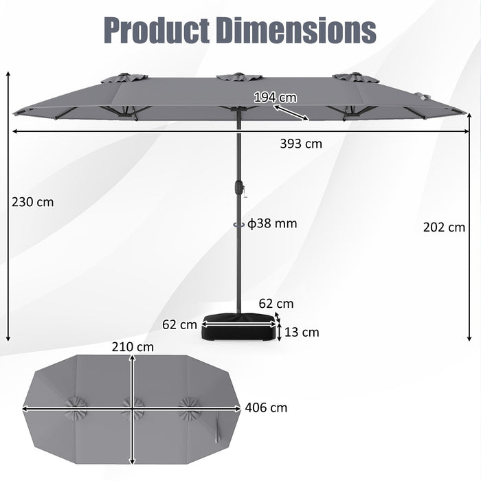 393 cm Double-Sided Patio Umbrella with Base and Solar Lights-Grey