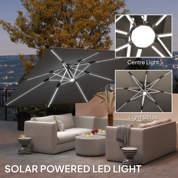 Outsunny 3(m) Garden Cantilever Parasol with Solar LED Lights, Cross Base, 360° Rotation, Crank Handle and Tilt, Grey