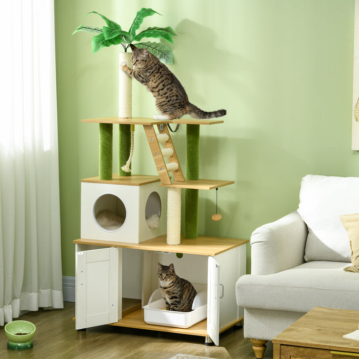 Oak-Themed Cat Tree with Concealed Litter Box Feature - Multi-Level Climbing Tower, Scratching Posts, Playhouse & Steps for Active Cats - Space-Saving Design for Indoor Pet Owners