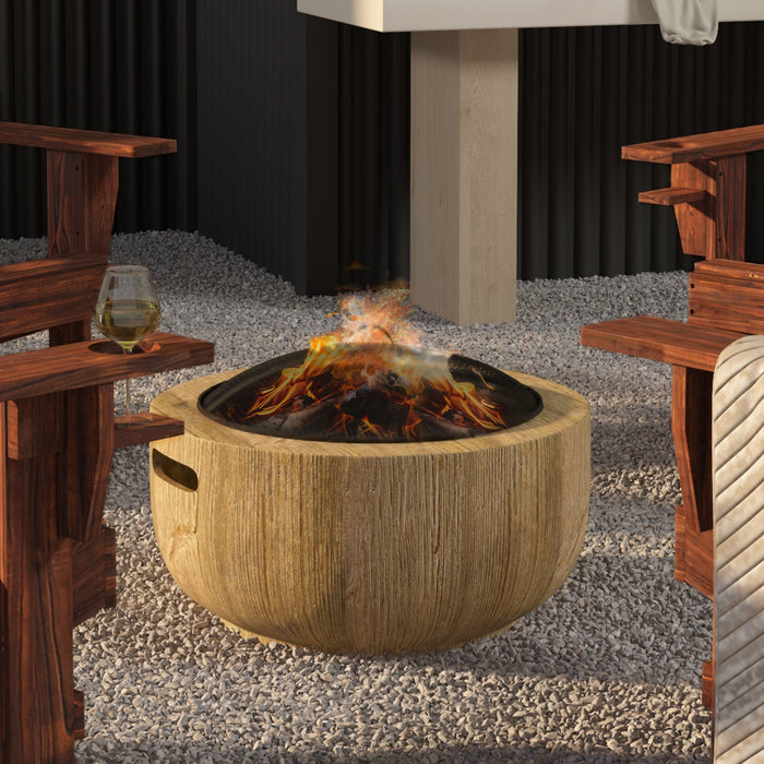 Outsunny Outdoor Fire Pit, 61.5 cm Metal Wood Burning Fireplace with Spark Cover, Poker, Woodgrain Design