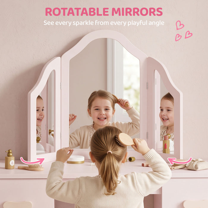 AIYAPLAY Kids Dressing Table, Kids Vanity Table and Chair Set with Tri-Folding Mirror, 2 Drawers, 2 Cabinets for Girls 3+, Pink