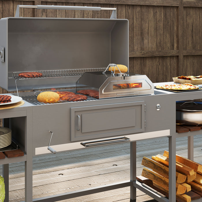 Outsunny 8 in Portable Stainless Steel BBQ Grill Top Pizza Oven with Built-in Thermometer and Viewing Window for Gas and Charcoal BBQ Grills, Includes Carry Handles, Pizza Stone and Peel, Silver Tone