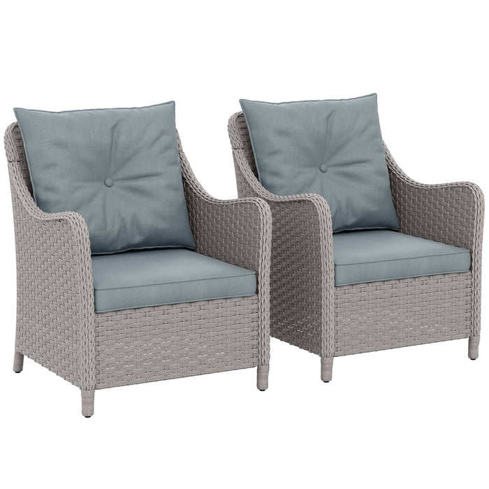Outsunny Rattan Garden Chairs Set of 2, Outdoor Rattan Chairs with Cushions, Armrests and High Back, PE Wicker Garden Armchair with Steel Frame for Balcony, Porch, Light Grey