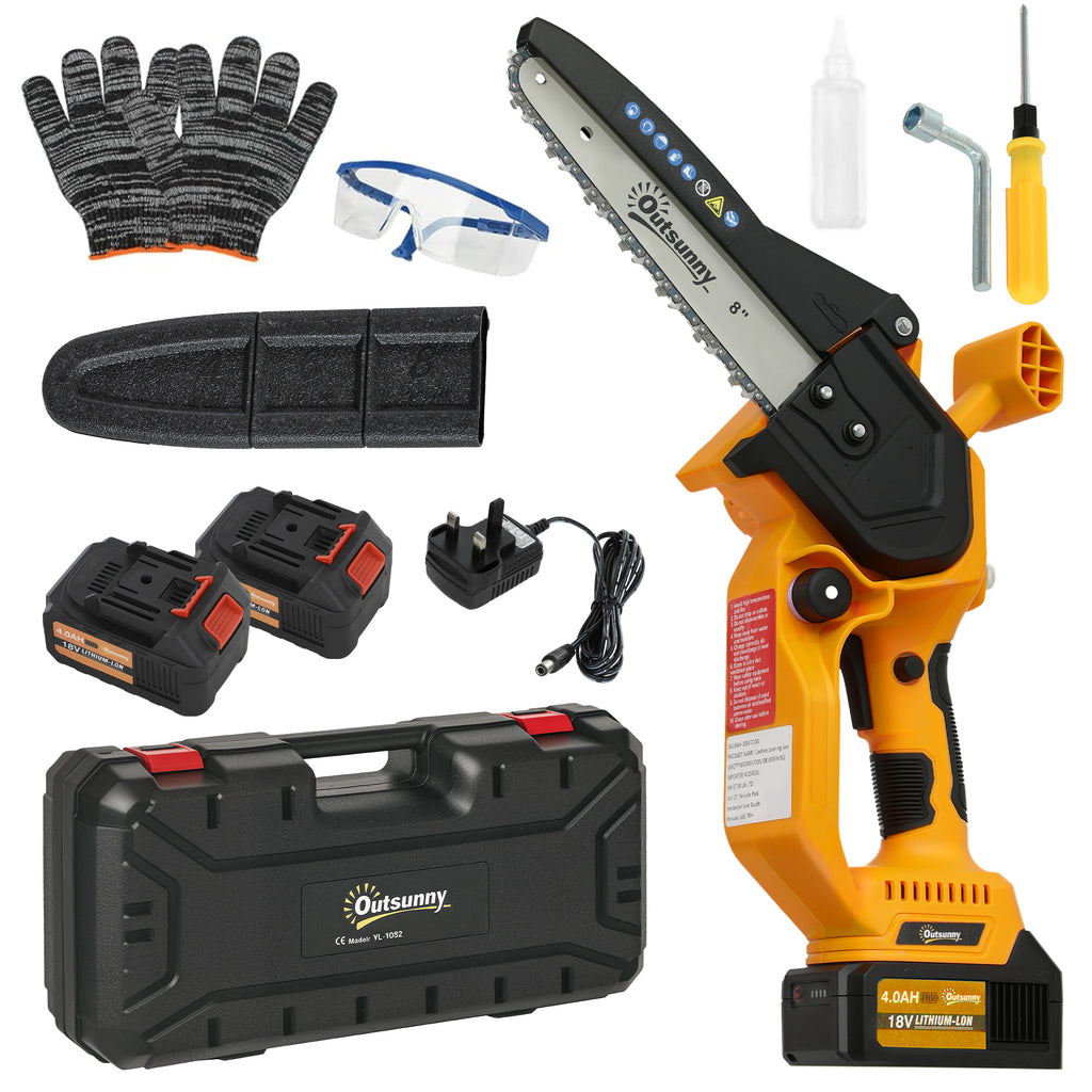 Outsunny 8 Inch Electric Chainsaw, Cordless Chain Saw with Brushless Motor, 2 4.0Ah Batteries and Safety Lock, Handheld Portable Wood Pruning Saw for Trimming Cutting, Orange