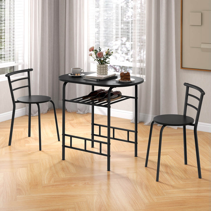 Dining Table Set, 3-Piece - Black Metal Frame with Additional Wine Rack - Ideal for Small Spaces and Wine Lovers