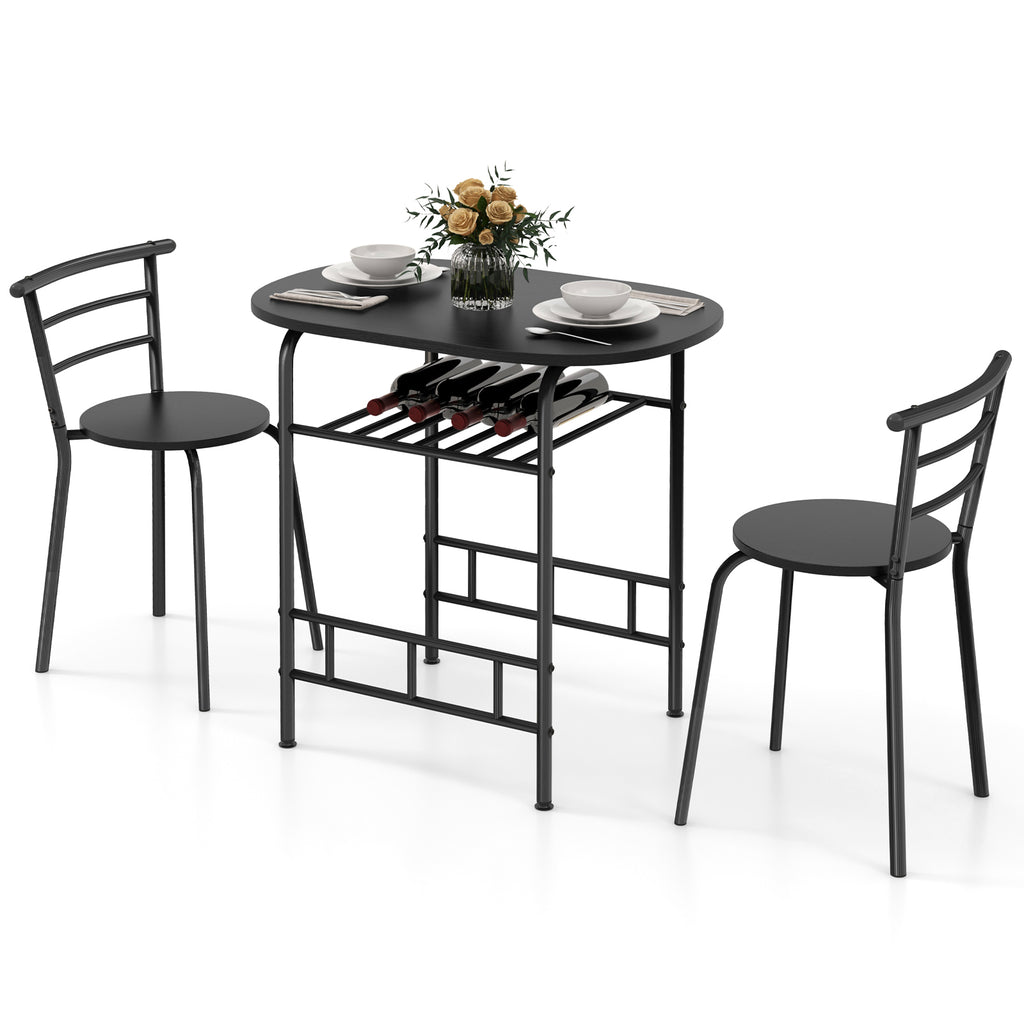 Dining Table Set, 3-Piece - Black Metal Frame with Additional Wine Rack - Ideal for Small Spaces and Wine Lovers