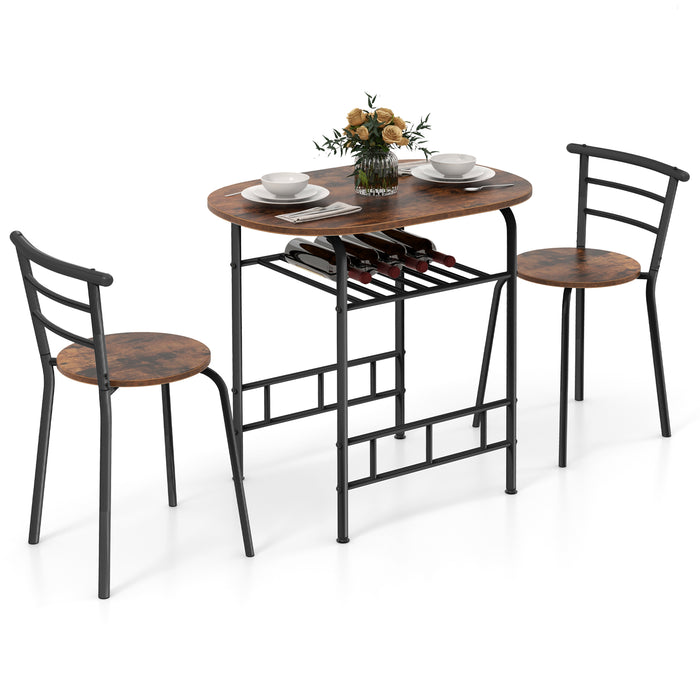 Dining Table Set, 3-Piece - Black Metal Frame with Additional Wine Rack - Ideal for Small Spaces and Wine Lovers
