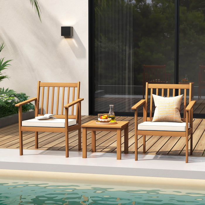 Acacia Wood Patio Set - 3 Piece Outdoor Furniture with Coffee Table and Cushions - Ideal for Relaxing in Your Backyard