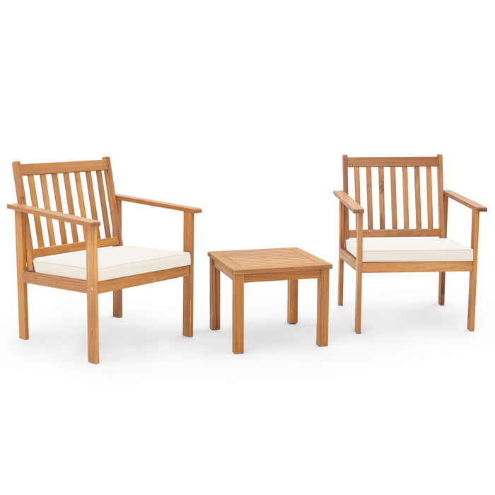 Acacia Wood Patio Set - 3 Piece Outdoor Furniture with Coffee Table and Cushions - Ideal for Relaxing in Your Backyard