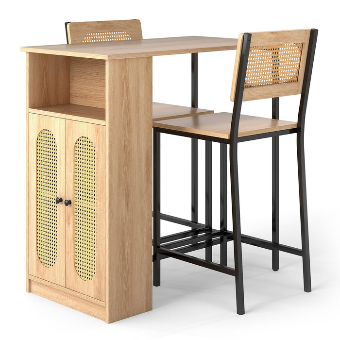 3-Piece Bar Table and Chairs Set Counter Height with PE Rattan Cabinet-