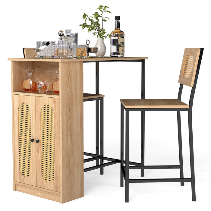 3-Piece Bar Table and Chairs Set Counter Height with PE Rattan Cabinet-