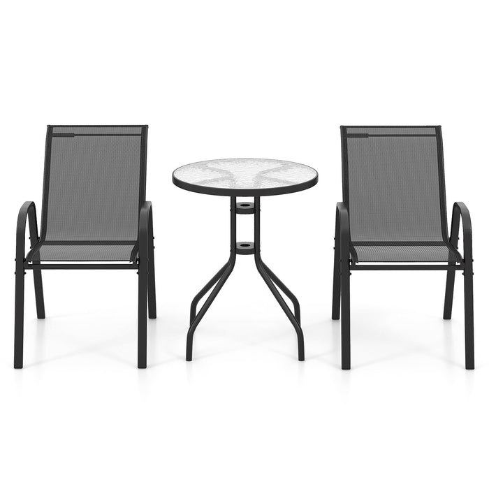 3 Pieces Outdoor Bistro Set with 2 Stackable Chairs and Round Side Table-
