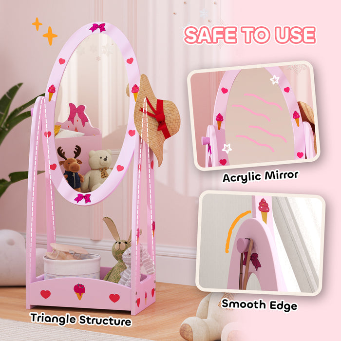 AIYAPLAY Kids Clothes Rail, Kids Dressing Mirror with 360° Rotating, 2 Piece Kids Furniture Set with Storage Shelves, Pink