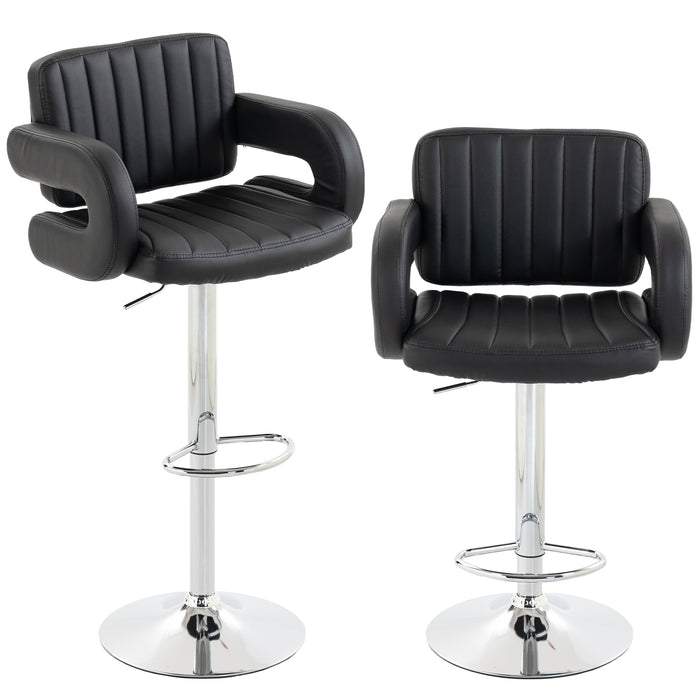 HOMCOM Bar Stools Adjustable Swivel Kitchen Chairs with Backrest Armrest Set of 2 PU Leather Black