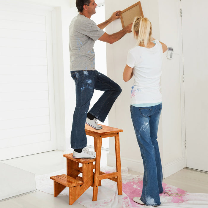 3-Tier Folding Step Stool Rubber Wood Ladder Chair with Handle-Natural