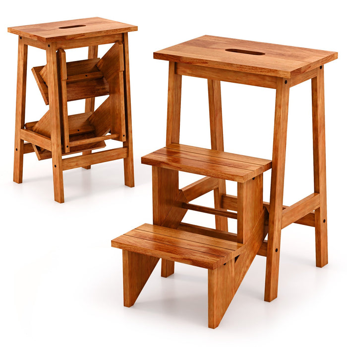 3-Tier Folding Step Stool Rubber Wood Ladder Chair with Handle-Natural