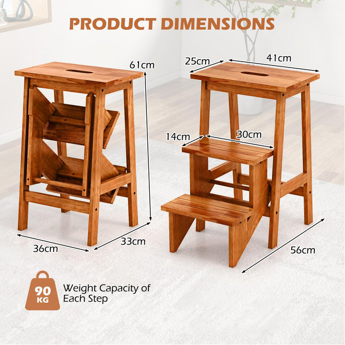 3-Tier Folding Step Stool Rubber Wood Ladder Chair with Handle-Natural