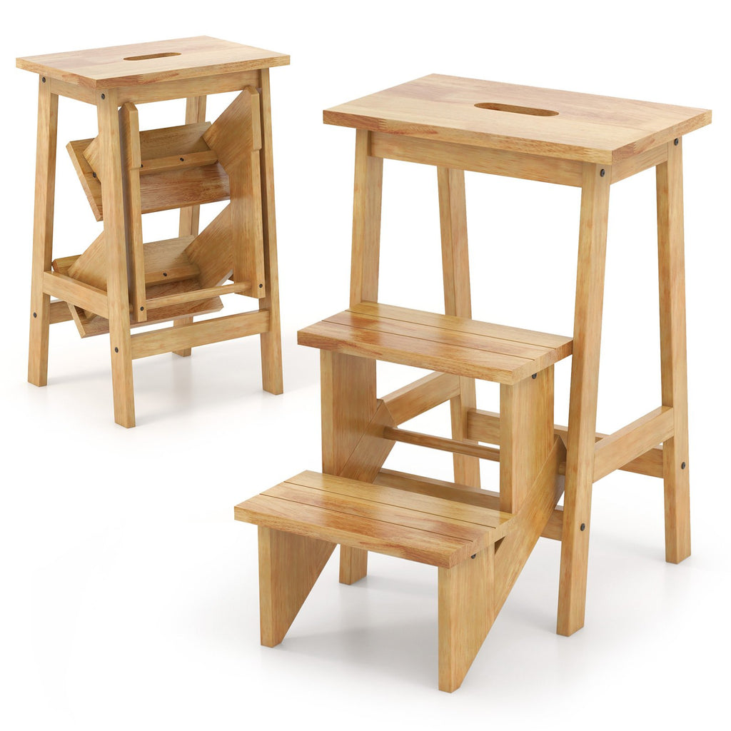 3-Tier Folding Step Stool Rubber Wood Ladder Chair with Handle-Natural