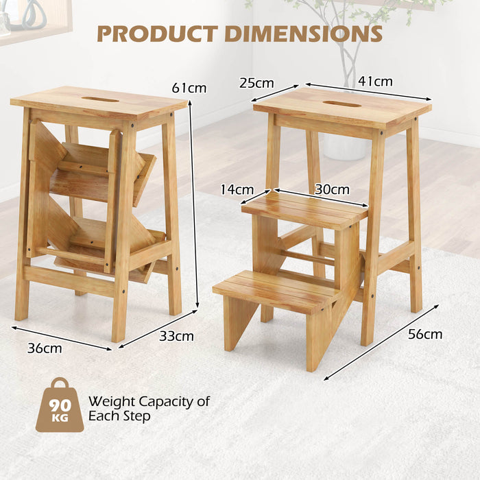 3-Tier Folding Step Stool Rubber Wood Ladder Chair with Handle-Natural