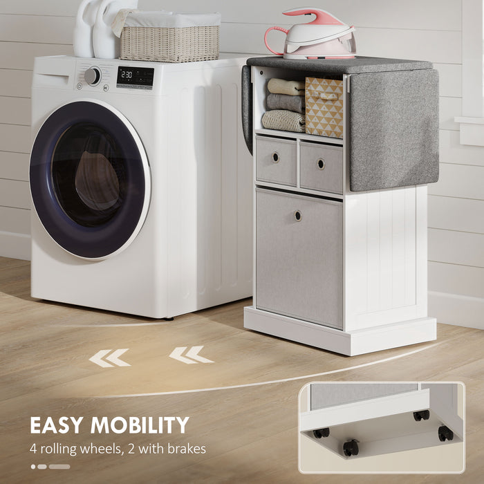 HOMCOM Ironing Board Cabinet on Wheels with Ironable and Foldable Top, Mobile Storage Cabinet with Ironing Board, White