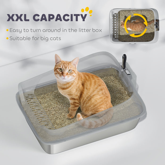 PawHut XXL Stainless Steel Cat Litter Box with High Sides, Metal Scoop, 70 x 50 x 30 cm