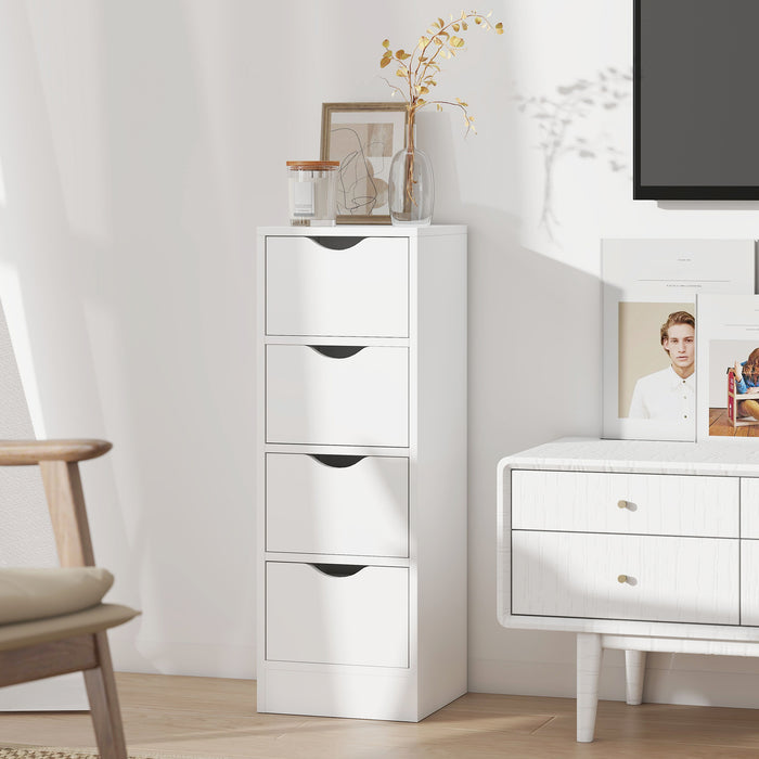 HOMCOM 4-Drawer Bathroom Cabinet, Freestanding Narrow Storage Cabinet with Groove Handles for Small Spaces, White