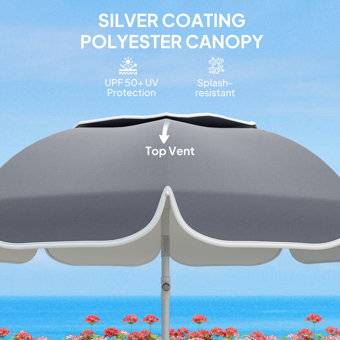 Outsunny Beach Umbrella Portable with Sand Anchor, Carry Bag, Adjustable Height & Tilt, UPF50+ UV Protection, Grey