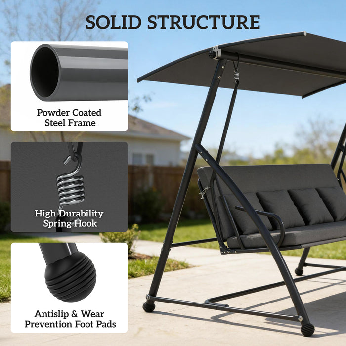 Outsunny Outdoor 2-in-1 Swing Chair Lounger 3 Seater Garden Swing Seat Bed Convertible Tilt Canopy W/ Cushion, Dark Grey