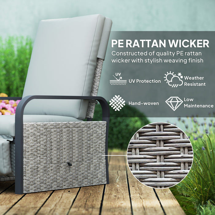 Outsunny Rattan Garden Recliner Chair, Reclining Rattan Chair with Adjustable Backrest and Footrest, Outdoor Lounge Sun Lounger with Cushion, Side Tray and Aluminium Armrests, Light Grey/Dark Grey