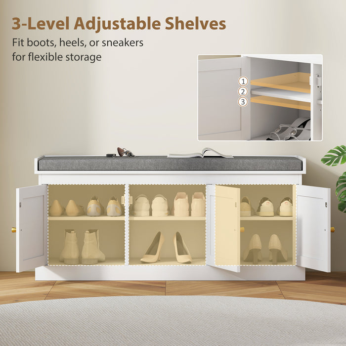 HOMCOM Shoe Storage Bench with Woven Rattan Doors, Seat - White