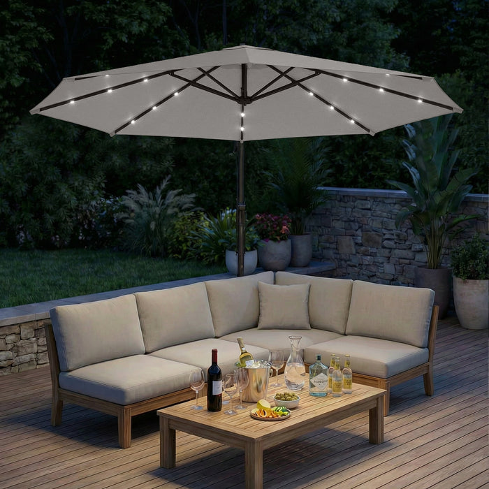 Outsunny 3 m Cantilever Parasol with Solar LED Lights Garden Umbrella with Cross Base, Light Grey