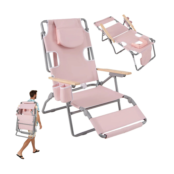 3-IN-1 Foldable Beach Chair Lay-Flat Tanning Chair with Face Hole-