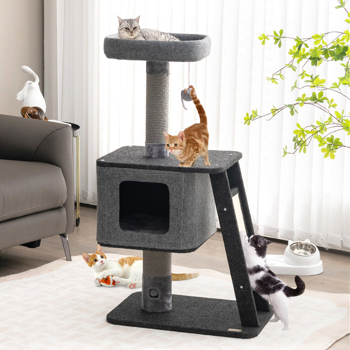 3-Layer Cat Tower with Scratching Ramp Posts and Top Plush Perch-
