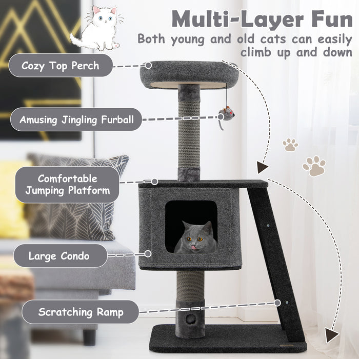 3-Layer Cat Tower with Scratching Ramp Posts and Top Plush Perch-