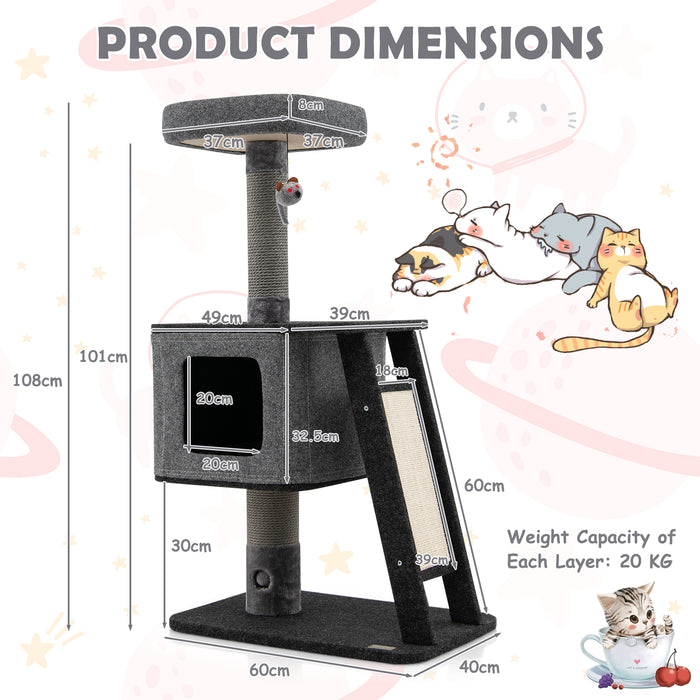 3-Layer Cat Tower with Scratching Ramp Posts and Top Plush Perch-