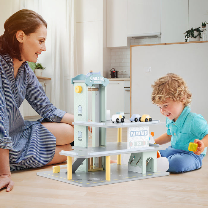 3-Layer Wooden Toy Garage with 4 Cars and Helicopter-