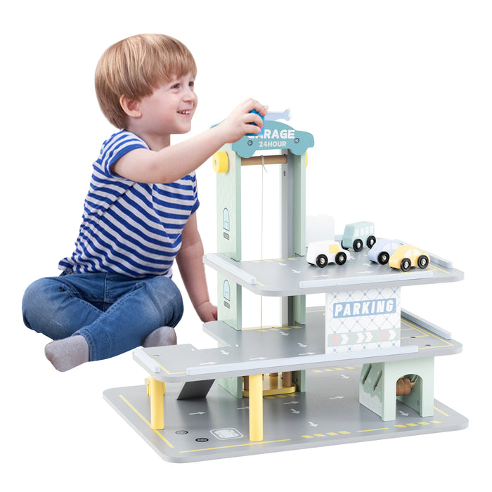3-Layer Wooden Toy Garage with 4 Cars and Helicopter-