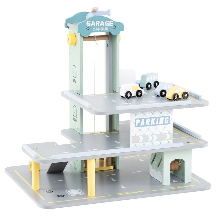 3-Layer Wooden Toy Garage with 4 Cars and Helicopter-