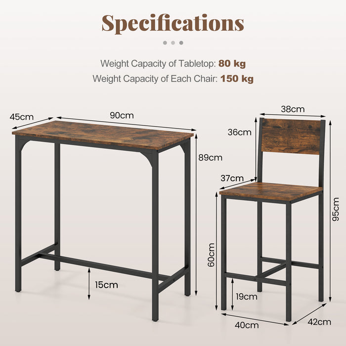 3 Piece Bar Table Set with Pub Dining Table and 2 Bar Stoolsfor Small Space-