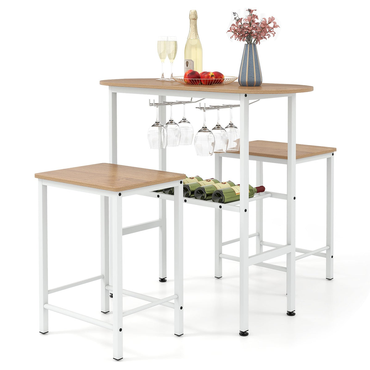 3 Piece Counter Height Table Set Oval Dining Table and 2 Stools-